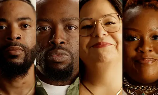 A graphic compiled of four faces of different HS patients looking into the camera. On top of the image is a green video play button. 
