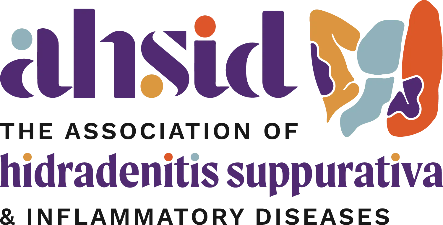 "ahsid" logo with text "The association of hidradenitis suppurativa & inflammatory diseases in purple with a yellow, blue and orange graphic of body parts highlighting where in the body HS resides.